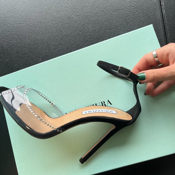 NWT Aquazzura Ray Of Light Sandals Plexi Crystal Peep Toe 105 Black Suede/PVC - Picture 9 of 13